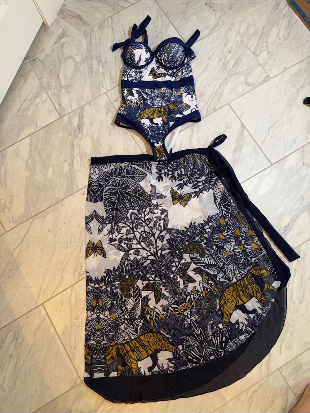 Navy & Mustard Tropical Print One-Piece Swimsuit with Sarong